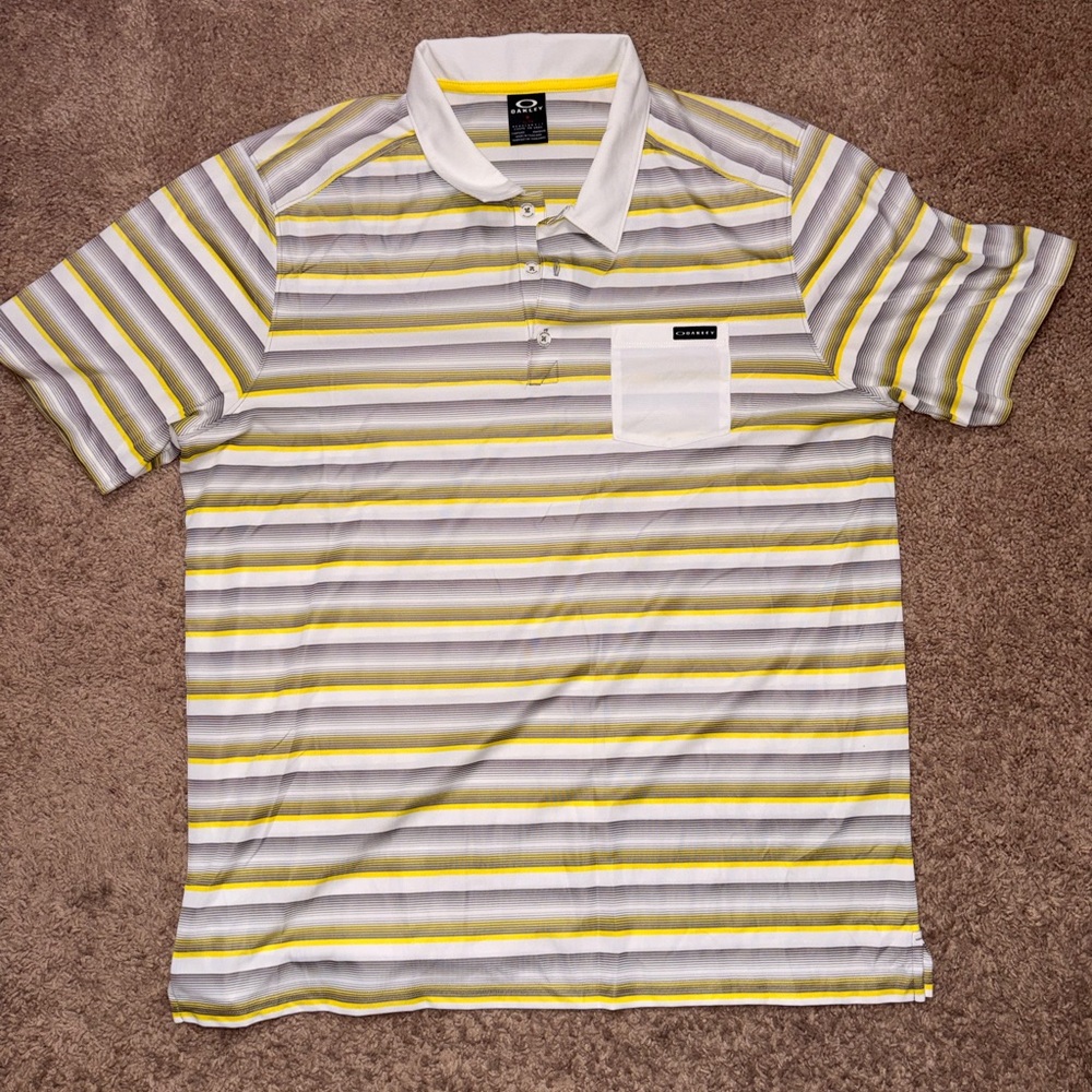 Oakley Polo Shirt Striped Yellow Gray White Golf Streetwear Casual XL